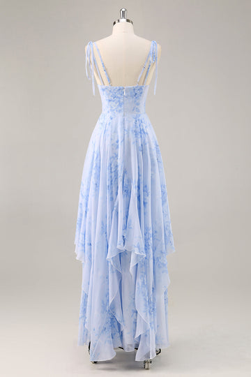 A-Line Spaghetti Straps Long Blue Floral Bridesmaid Dress with Ruffles